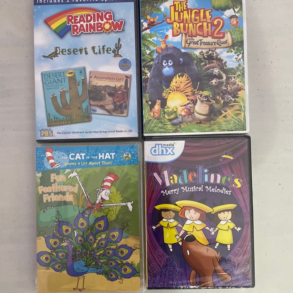 New kids dvds reading rainbow, cat in the hat, madeline & the jungle bunch 2